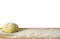 Ball of pizza dough on a wooden desk with dusting of flour, dough on the kitchen board, Royalty Free Stock Photo