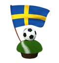 Ball for playing football and national flag of Sweden on field with grass Royalty Free Stock Photo