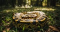 Ball Python Coiled on Forest Floor Amidst Greenery and Sunlight snake reptile Royalty Free Stock Photo