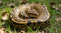 Ball Python Snake Curled in a Coil on a Grassy Forest Floor reptile animal Royalty Free Stock Photo