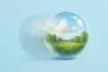 A ball with a reflection of the landscape on a blue background. Space for text. Royalty Free Stock Photo