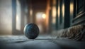 a ball is sitting on the floor in a dark room. generative ai Royalty Free Stock Photo