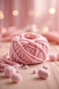 Ball of soft pink yarn lies on pink surface. Generative AI. Royalty Free Stock Photo