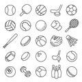 Ball sports line icons. Outline equipment for football, tennis, badminton and soccer, baseball and boxing. Thin linear Royalty Free Stock Photo