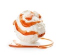 Ball of tasty vanilla ice cream with caramel topping Royalty Free Stock Photo