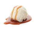 Ball of tasty vanilla ice cream with caramel topping Royalty Free Stock Photo