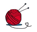 A ball of thread for knitting and knitting needles on a white background.