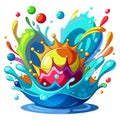 A ball thrown into multi-colored paint raised bright splashes