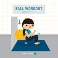 Ball Workout. Woman doing Stability ball exercise and yoga training at gym home, stay at home concept. Character Cartoon Vector il