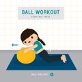 Ball Workout. Woman doing Stability ball exercise and yoga training at gym home, stay at home concept. Character Cartoon Vector il