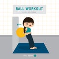 Ball Workout. Woman doing Stability ball exercise and yoga training at gym home, stay at home concept. Character Cartoon Vector il