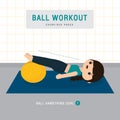 Ball Workout. Woman doing Stability ball exercise and yoga training at gym home, stay at home concept. Character Cartoon Vector il Royalty Free Stock Photo