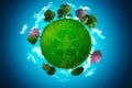 Ball of the world with recycling symbol and trees for clean and renewable energies. Echo friends. Green World