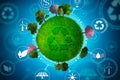 Ball of the world with recycling symbol and trees for clean and renewable energies. Echo friends. Green World