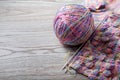 Ball of yarn and knitting on a table Royalty Free Stock Photo