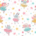 Ballerina animal seamless pattern. Hand drawn baby bunny, unicorn, mouse in ballet tutu. Girls birthday, baby shower, t Royalty Free Stock Photo