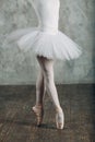 Ballerina female. Young beautiful woman ballet dancer, dressed in professional outfit, pointe shoes and white tutu. Royalty Free Stock Photo