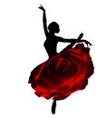 Ballerina Black Silhouette. Ballet Dancer jumping in Tutu Skirt as Red Rose. Woman Dancing in Creative Fantasy Art Dress as Flower