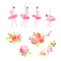 Ballerina dance poses and fresh spring flower bouquets vector design