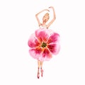 Ballerina dancing girl watercolor painting illustration isolated on white background. Pink flower ballet dress on dancing girl. Royalty Free Stock Photo