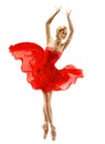 Ballerina dancing in Red Tutu Dress over White. Ballet Dancer Silhouette in Flying Chiffon Skirt over White Studio Background