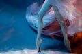 Ballerina dancing underwater in waved dress, legs close up Royalty Free Stock Photo