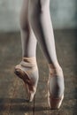 Ballerina female. Young beautiful woman ballet dancer, dressed in professional outfit, pointe shoes and white tutu Royalty Free Stock Photo