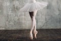 Ballerina female. Young beautiful woman ballet dancer, dressed in professional outfit, pointe shoes and white tutu Royalty Free Stock Photo