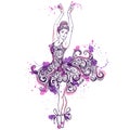 Ballerina with floral ornament dress and splashes in watercolor style.