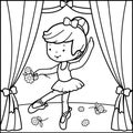 Ballerina girl dancing on the stage. Vector black and white coloring page. Royalty Free Stock Photo