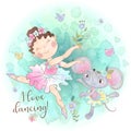 Ballerina girl dancing with a toy mouse. I love dancing. Inscription