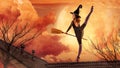 A ballerina on pointe shoes in a black witch costume in a hat and with a broom dances on an orange background