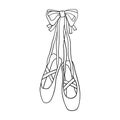 Ballerina pointe shoes hanging on bow. Outline black and white vector illustration isolated on white background