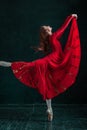 Ballerina posing in pointe shoes at black wooden pavilion