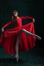 Ballerina posing in pointe shoes at black wooden pavilion