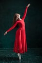 Ballerina posing in pointe shoes at black wooden pavilion Royalty Free Stock Photo