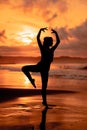 A ballerina with a silhouette shape performs ballet movements very flexibly on the beach with the waves crashing