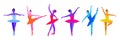 Vector set of hand draw ballerinas in trendy colors on a white background. Purple, blue and pink neon colors of dancers isolated.