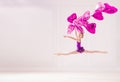 ballerina student in a lilac swimsuit flies with a bunch of pink heart-shaped balloons in a beautiful white room Royalty Free Stock Photo