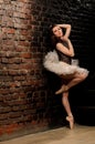 Ballerina in tutu near brick wall