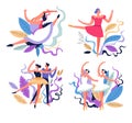 Ballerinas and ballet dancing, stage performance and dance class, isolated icons