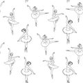 Ballerinas dancing girls line art coloring page seamless pattern