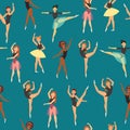 Ballerinas seamless pattern, woman dancer, silhouette dance, ballet female drawing, design, cartoon style vector