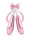 Ballet accessorie. Pink pair of pointe-shoes with satin or silk ribbon. Vector hand drawn sketch style object
