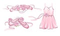 Ballet Accessories with Dress and Pair of Pointe-shoes Vector Set