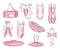 Ballet accessories with pink ballet dress, tutu skirt and pair of pointe-shoes, bow and long satin ribbons. Set of hand