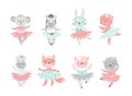 Ballet animal. Bear in tutu, baby rabbit ballerina. Cute fairy dance animals. Girls coala, fox and kitty dancing Royalty Free Stock Photo