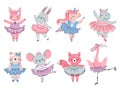 Ballet animals. Bunny, fox and unicorn ballerina in scandinavian style. Pig, bear, hippo and flamingo dance in tutu