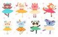 Ballet animals. Cute ballerinas characters. Funny dancers in delicate airy dresses. Cartoon bunny and kitten. Pig girls