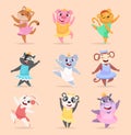 Ballet animals. Cute dancers in ballerina dresses exact vector funny animals in action poses Royalty Free Stock Photo